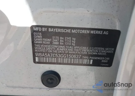 2016 BMW 528I xDrive из США, поврежденный, VIN WBA5A7C53GG150637